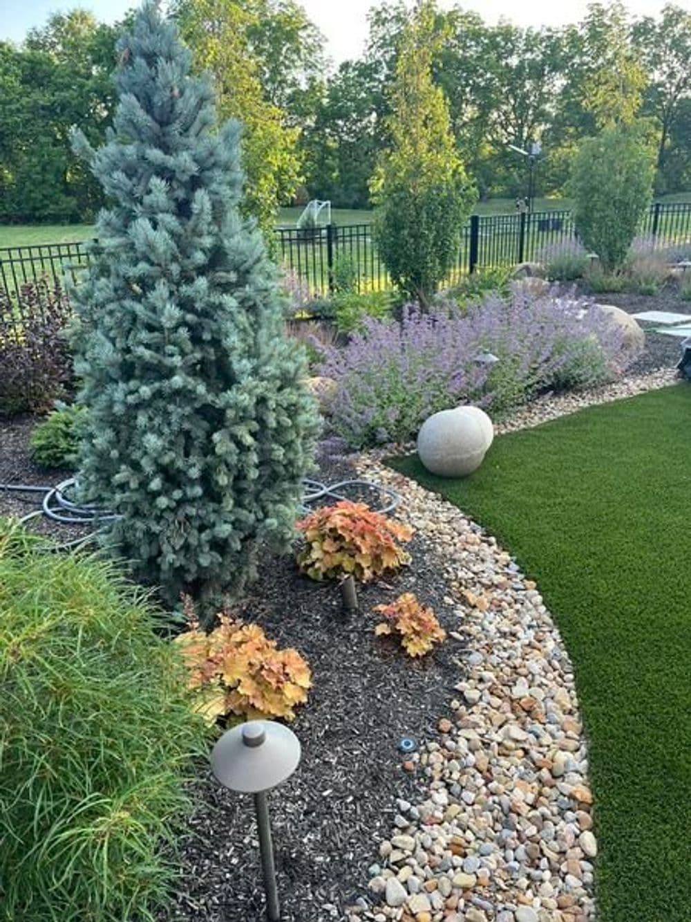Lush garden featuring a blue spruce, colorful foliage, and decorative stone pathways.