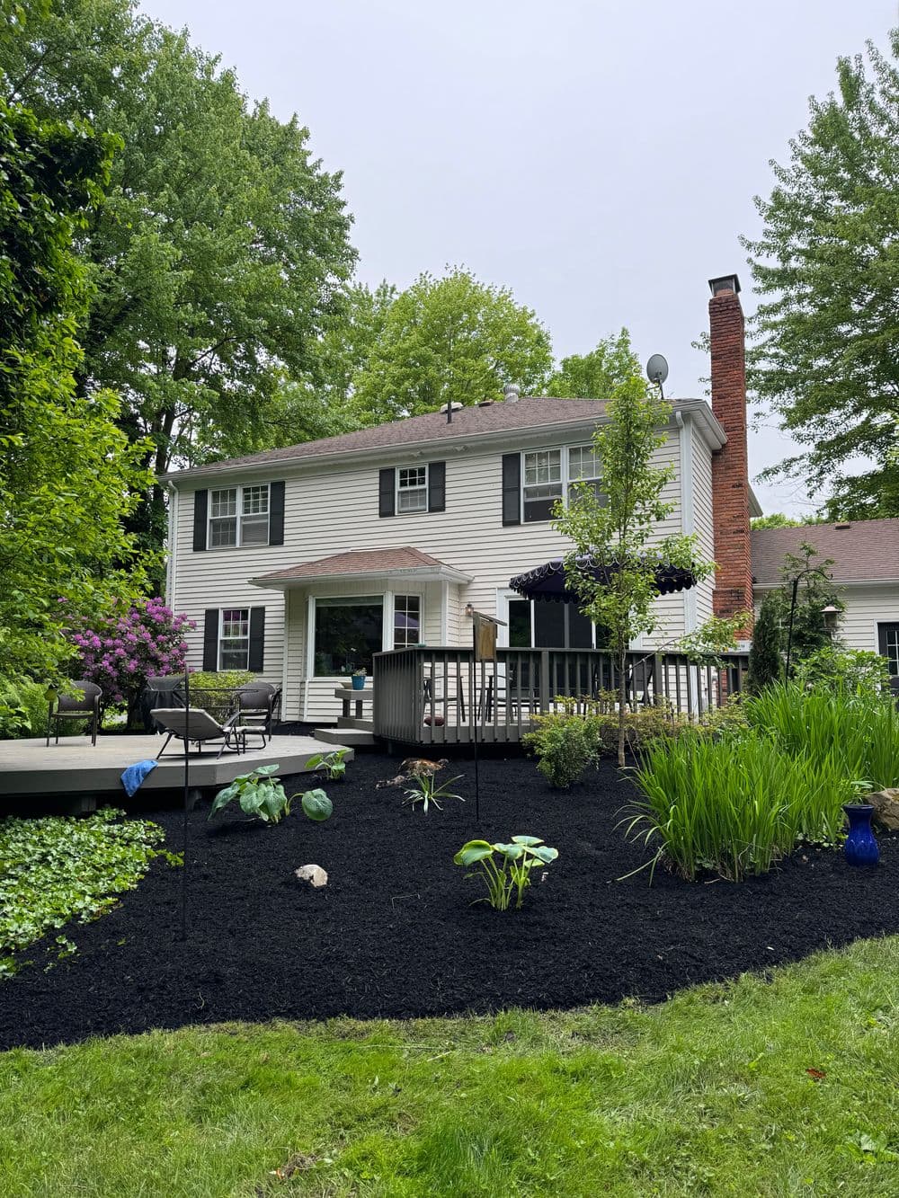 Charming backyard with landscaped garden, deck, and white two-story house surrounded by greenery.