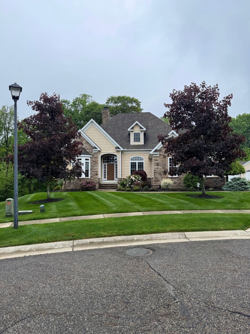 Charming suburban home with landscaped yard and colorful trees on a quiet street.
