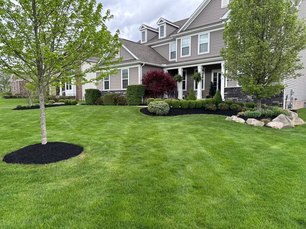 Beautifully landscaped front yard with manicured grass, shrubs, and decorative boulders.