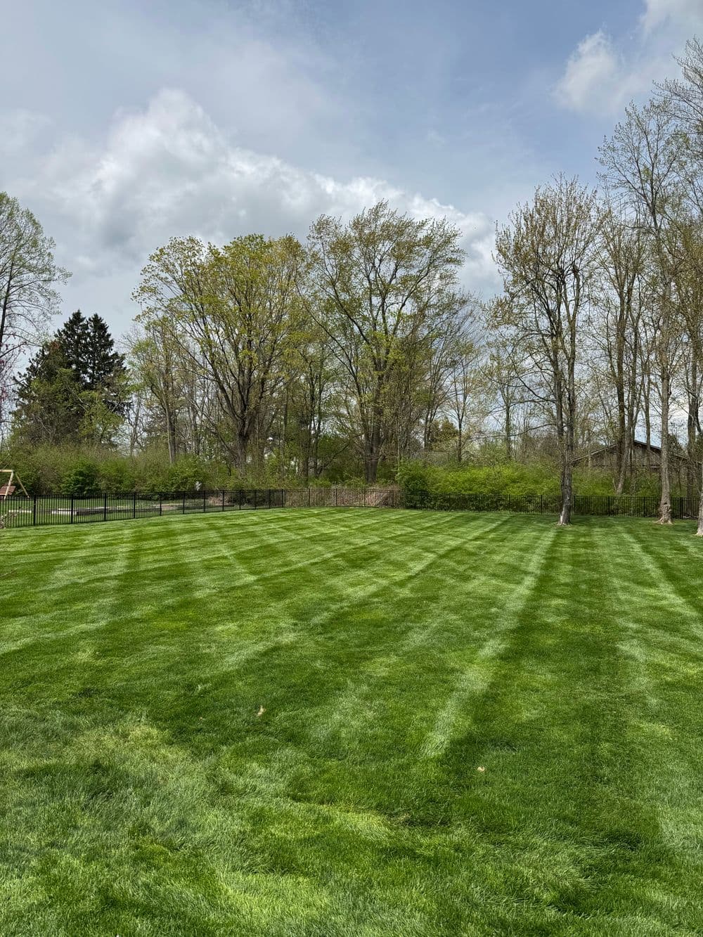 Lush green lawn with neat stripes, surrounded by trees under a cloudy sky.