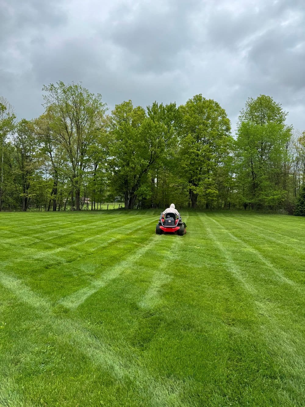 Person mowing a lush green lawn with a riding mower under cloudy skies.