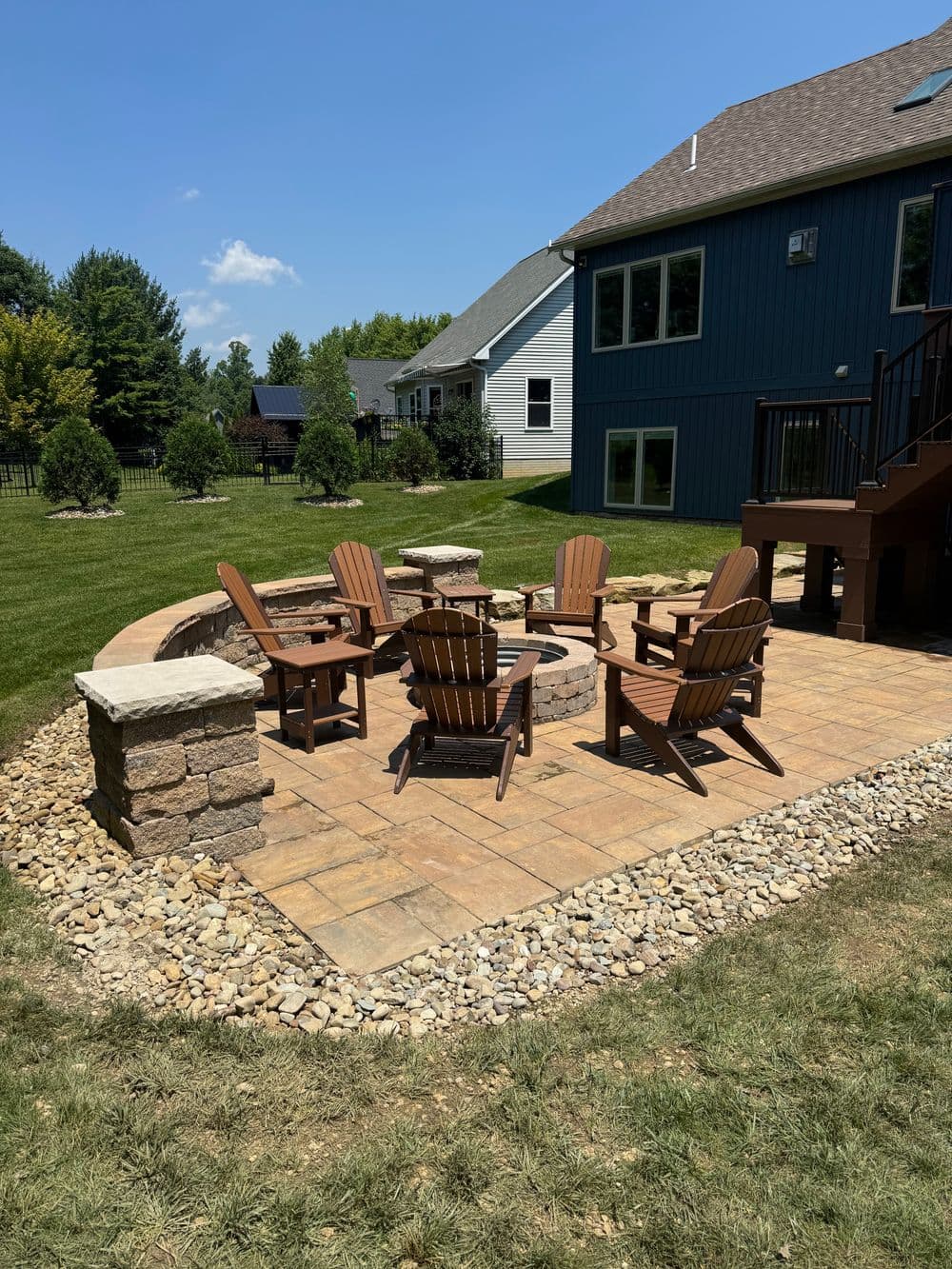 Cozy outdoor fire pit area with Adirondack chairs surrounded by stone landscaping.