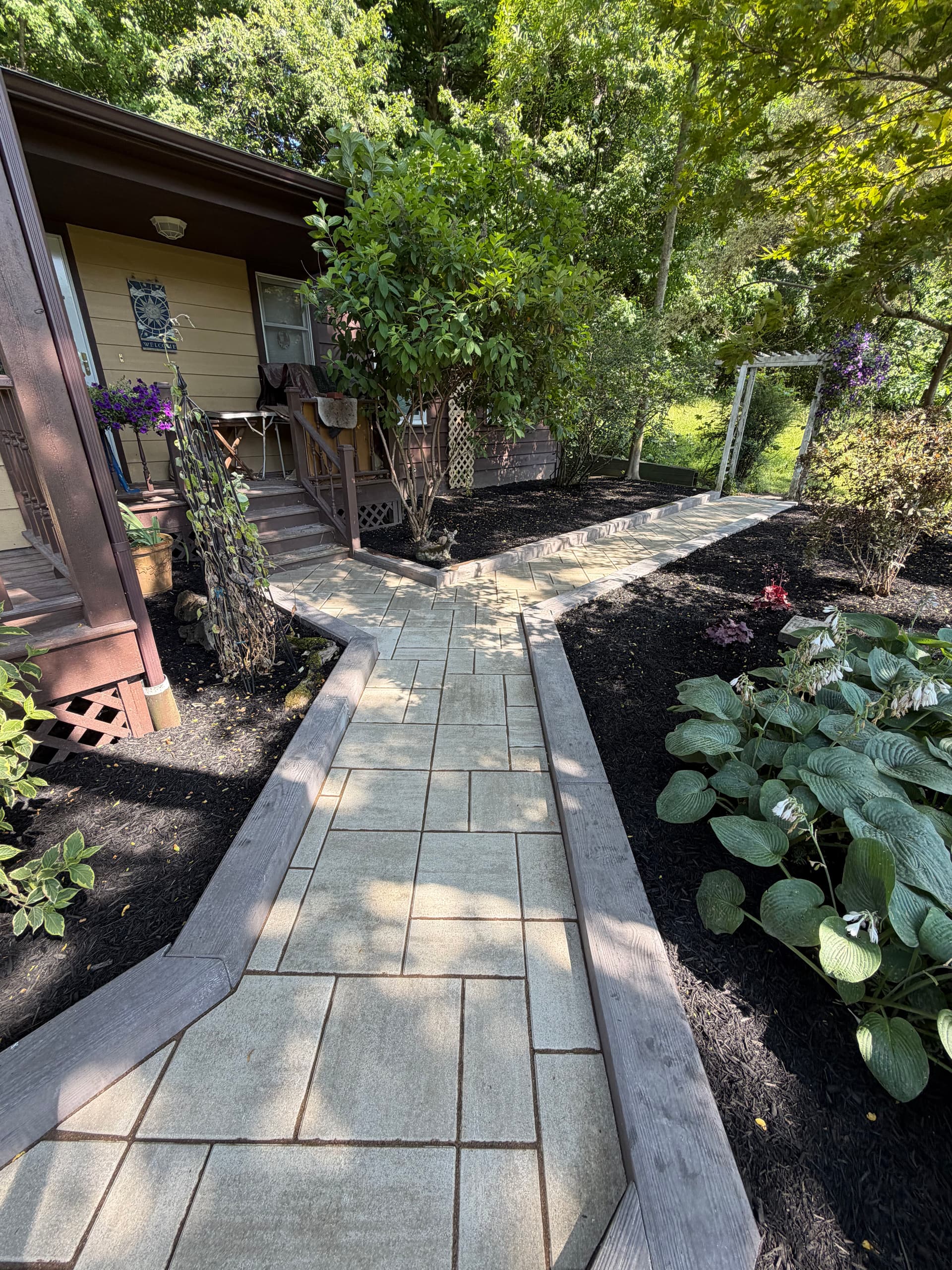 Gallery photos for Walkway, Fresh Mulch Beds, and Techo-Bloc Borealis Border Done Right: Image #2