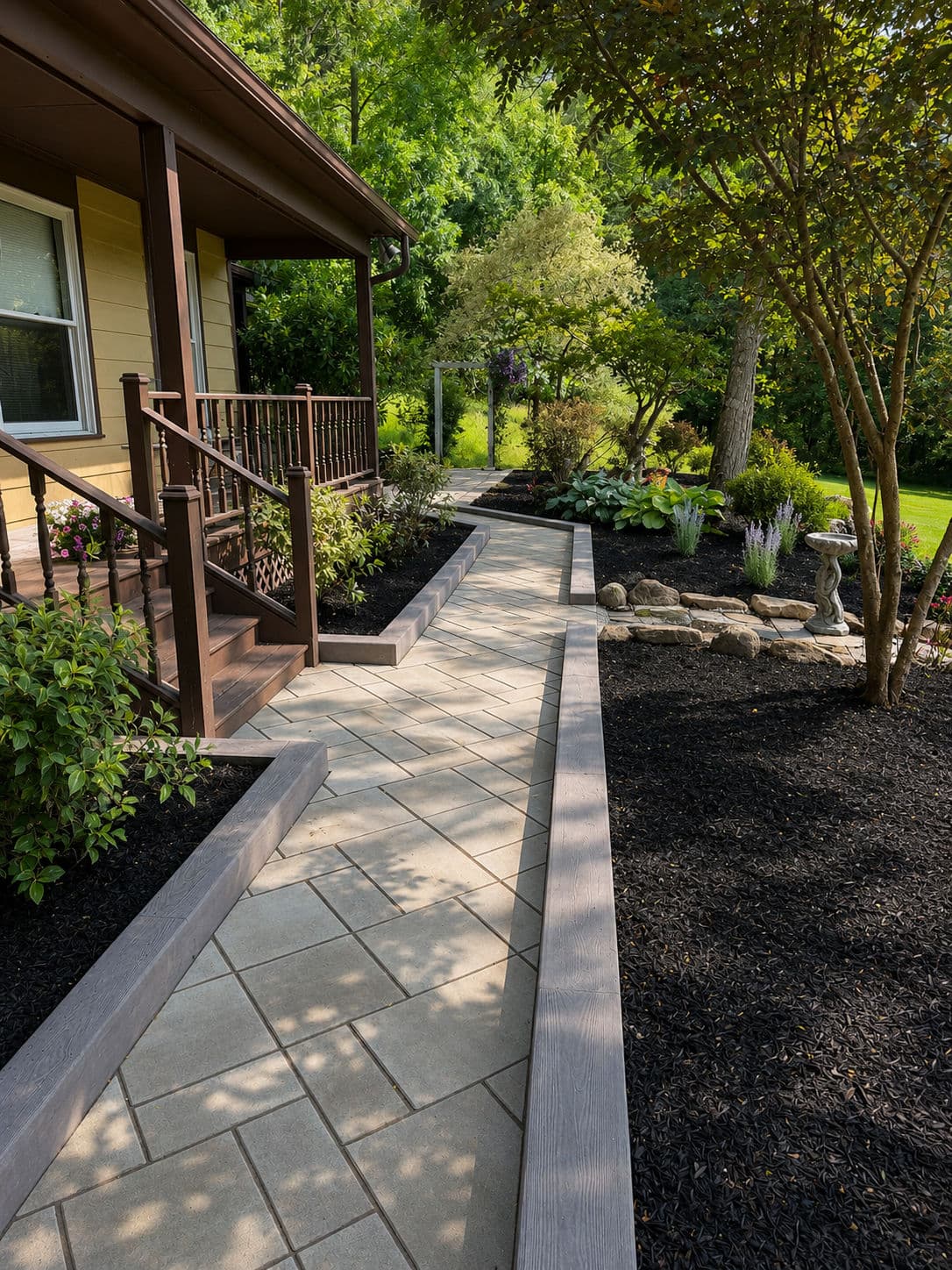 Gallery photos for Walkway, Fresh Mulch Beds, and Techo-Bloc Borealis Border Done Right: Image #1